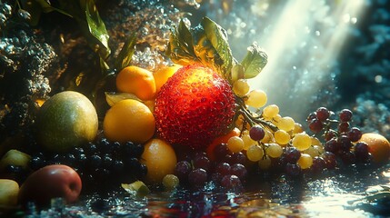 Exotic fruit medley bathed in luminous light on a reflective surface