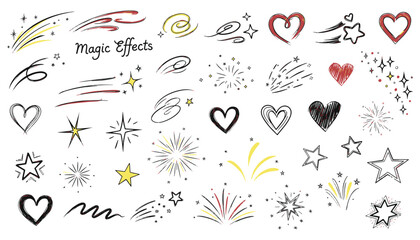 Cute Line Doodle Comic Elements – Motion, Magic Effects, Hearts & Stars   Japanese Style Vector © RNB DESIGN