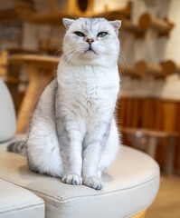 A fluffy silver tabby cat sitting elegantly on a cozy chair, exuding confidence.