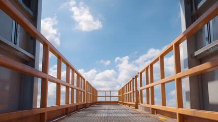 Orange safety railings lead along a metal walkway towards a bright blue sky with clouds