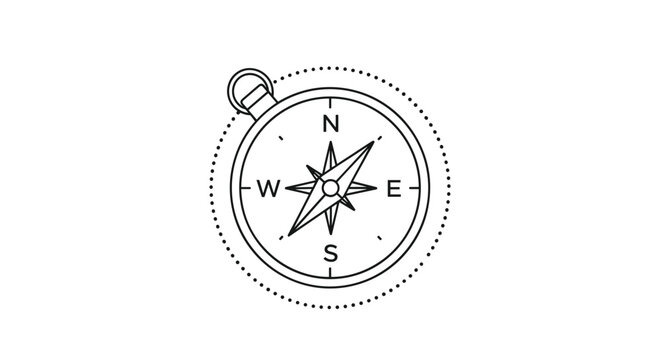 A simple black and white line art icon of a compass with a dotted circle border for navigation and travel design concepts.