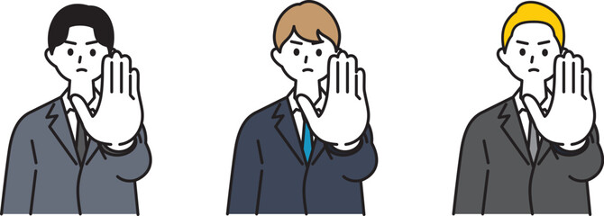 ストップ、ダメを注意喚起するスーツを着た若い男性