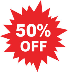 A vibrant red spiky starburst sale sticker with bold white 50 OFF text for retail promotion.