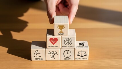 Building success with blocks representing love time law and achievement concepts