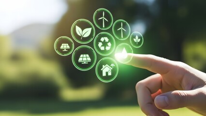 Hand interacting with glowing digital icons representing sustainable energy and environmental concepts