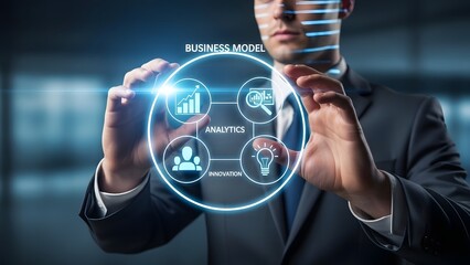 Business professional interacting with a futuristic digital interface showing data and analytics