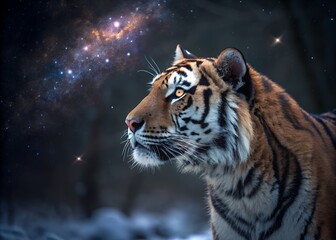 Obraz premium Cosmic Tiger on a Rocky Vista, Tiger on an Alien Planet, Tiger Under the Aurora Sky