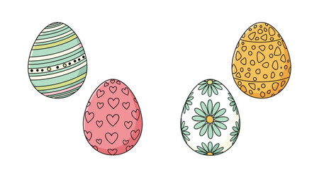 A set of four beautifully hand-drawn Easter eggs with various charming patterns like hearts flowers and stripes for the holiday.