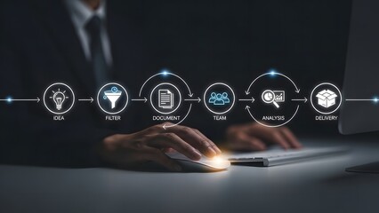 Hands interacting with a digital network of glowing icons representing data and connectivity