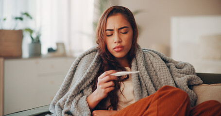Sick, woman and thermometer in home for virus infection, influenza or allergy on living room sofa....