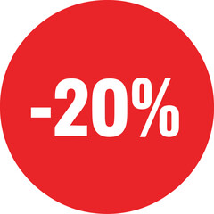 Bold white minus twenty percent text on a vibrant red circular sticker for sales and promotions.