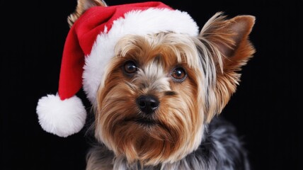 Adorable Yorkshire Terrier Wearing Santa Hat for Fun Holiday Pet Marketing and Christmas Greetings Concept.
