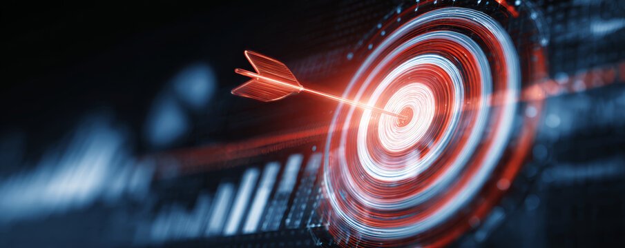 Successful digital target with arrow hitting bullseye, symbolizing precision, focus, and achievement technology and business