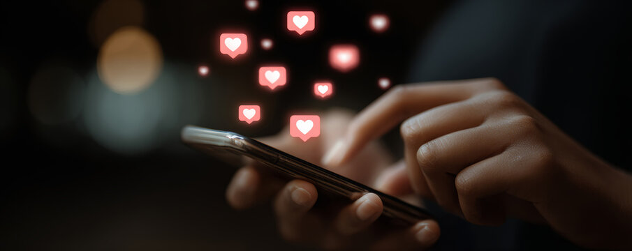 Person using smartphone with glowing heart icons floating above, showing social media engagement and digital connection night - Powered by Adobe