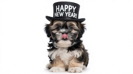 Adorable puppy celebrating New Year's Eve with a playful lick and festive top hat wishing happiness and cheer for a joyous holiday season and new beginnings
