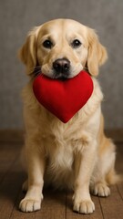 Golden retriever holding red heart.