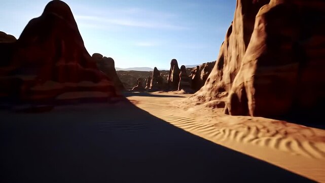 Expansive desert landscape under bright sunlight, towering red rock formations, rippled sand dunes, clear blue sky.