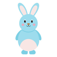 An adorable cartoon illustration of a cute blue rabbit standing upright on a white background.