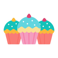 Three colorful cupcakes with bright frosting and sprinkles in a flat design illustration