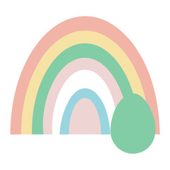 A colorful pastel rainbow arches over a single mint green easter egg on a white background