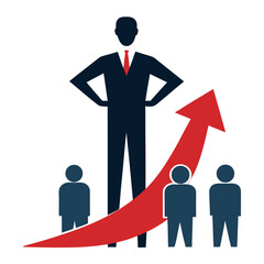 A confident business leader standing over employees with a large upward arrow indicating growth.