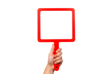 Hand holding red blank sign on white background isolated on transparent background
