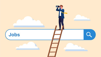 A businessman stands atop a giant search bar labeled "Jobs," using binoculars to scout for career opportunities high above the clouds