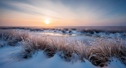 Sunrise over a frozen marshland with snow-covered reeds and icy water winter sunset