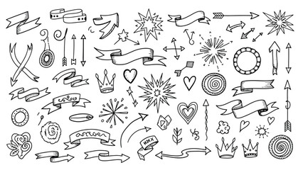 Collection of Creative Hand Drawn Doodles Banners Arrows Hearts Crowns Design