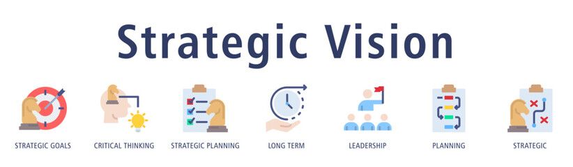 Strategic Vision banner with icons of strategic goals, critical thinking, strategic planning, long term, leadership, planning, and strategic to represent clear business direction.