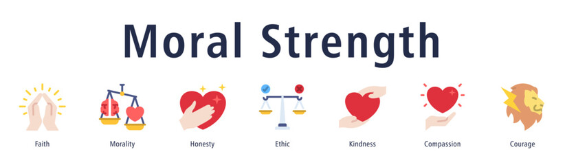 Moral strength icon vector concept highlighting faith, morality, honesty, courage, compassion, and strong ethical character.