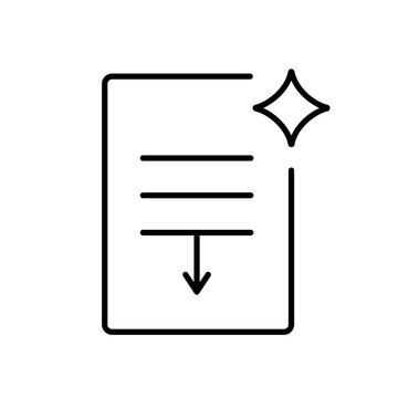 Vector icon of a document with a downward arrow and sparkle, representing automatic AI-powered page summarization, in line style with editable stroke