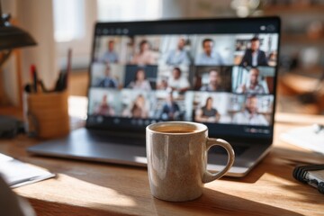 Virtual team meeting in a cozy home office with coffee on the desk and multiple participants on a laptop screen