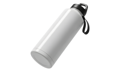 Sleek stainless steel water bottle with a carrying loop isolated on transparent background