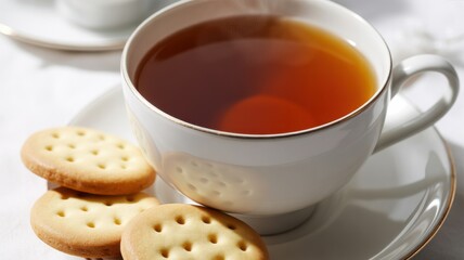 Elegant Hot Tea Cup Steaming Next to Biscuits on a White Table for Afternoon Break or Comfort Ritual Concept.