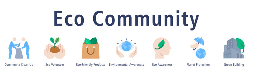 Eco Community web banner icon vector illustration with icons of Community Clean Up, Eco Volunteer, Eco-Friendly Products, Environmental Awareness, Eco Awareness, Planet Protection, and Green Building