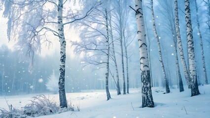 Serene Snowy Birch Forest: A tranquil winter scene unfolds as pristine snow blankets a forest of slender birch trees. The air shimmers with falling snowflakes, conveying the magic of winter.