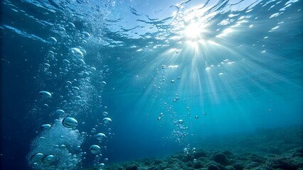 Deep blue underwater ocean scene with sun rays, light beams, and bubbles