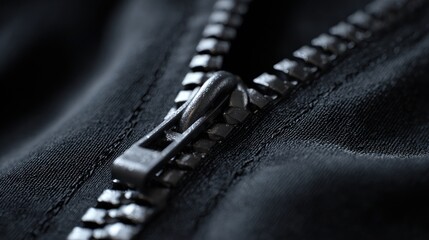 Close-up of a sleek black zipper on fabric, showcasing intricate details and textures for fashion and design purposes.