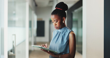 Employee, research and woman with tablet, office and online for brand awareness on social media...