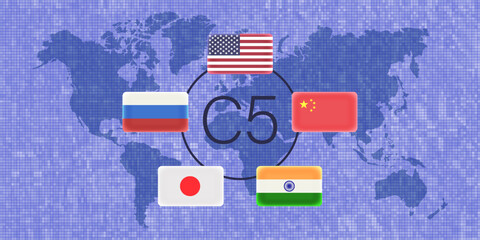 Vector political banner. Five flags of powers. USA, China, India, Japan and Russia. Pixelated world map. Abbreviation C5