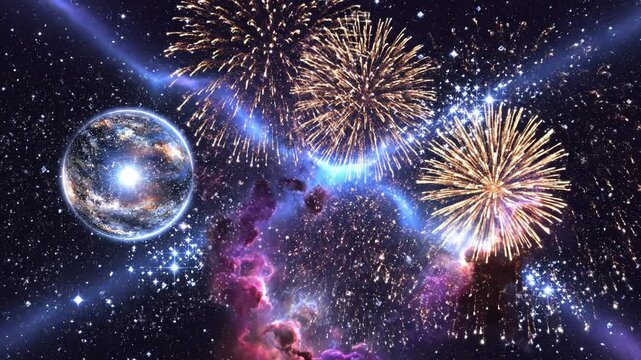 Colorful fireworks display illuminating the night sky with bright bursts of light and sparkle