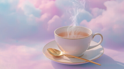 Fototapeta premium Cloud Dancer Dreamy Steaming Tea Cup with Gold Spoon Against Pastel Cloudy Background, Ethereal Moment Colour of the Year 2026