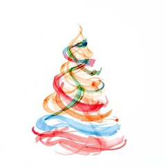 Abstract watercolor brushstrokes form a vibrant colorful Christmas tree shape on a clean on white background