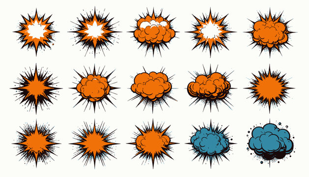 Comic book style illustrations of explosions and bursts in orange and blue
