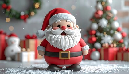 Animated Santa Claus figure smiles amid festive decorations; Christmas tree & gifts in background