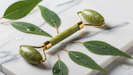 Green jade facial roller with fresh eucalyptus leaves and water droplets on a marble surface for skincare and beauty treatments.