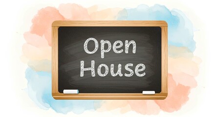 Charming Open House Sign on a Blackboard with Soft Watercolor Background, Perfect for Real Estate Promotions and Events