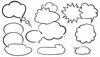 Fototapeta premium Collection of stylized, black outlined speech bubbles and thought clouds in various shapes on white
