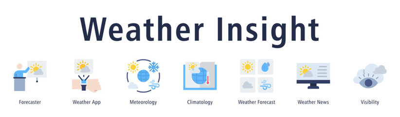 Weather Insight web banner icon vector illustration with icons of Forecaster, Weather App, Meteorology, Climatology, Weather Forecast, Weather News, and Visibility.